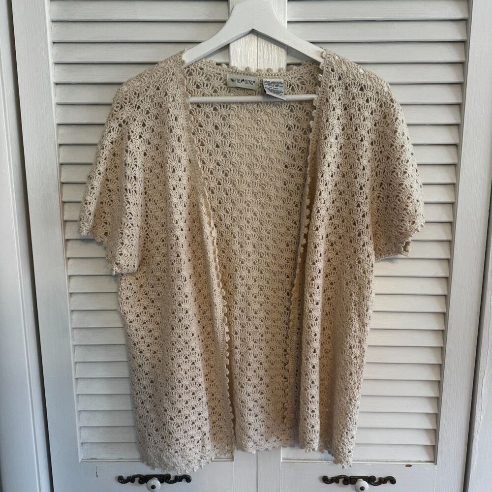 White Stag Cardigan Crochet Lace Large Cream Womens Boho Open Front Shrug